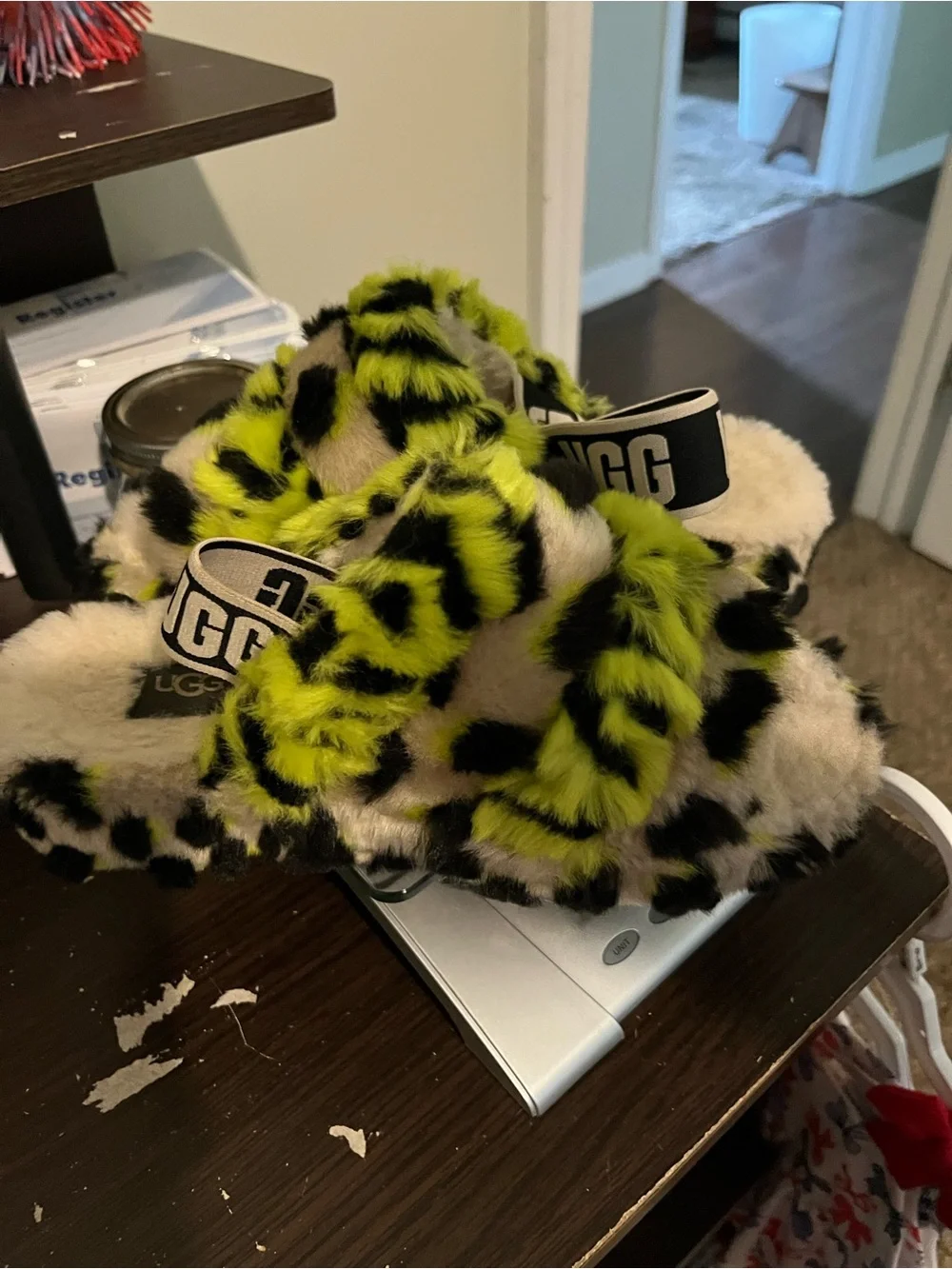 UGG Kids Neon Yellow & Black Fuzzy Shearling Slip-On Slippers